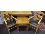 A pair of American rubber wood hall chairs; a modern pine coffee table,
