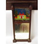 A 19th century reverse painted looking glass, planked back with panel depicting naeve house scene,
