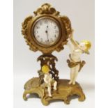 A late 19th century painted spelter figural mantel clock, c.