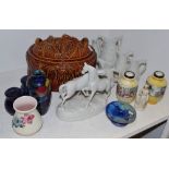 Ceramics - a Parian horse group; Portmerion jugs; game tureen;