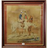 A Victorian Berlin woolwork picture, depicting two gentlemen on horseback,