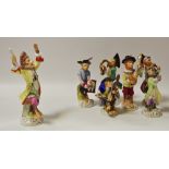 Seven Sitzendorf porcelain monkey band models,