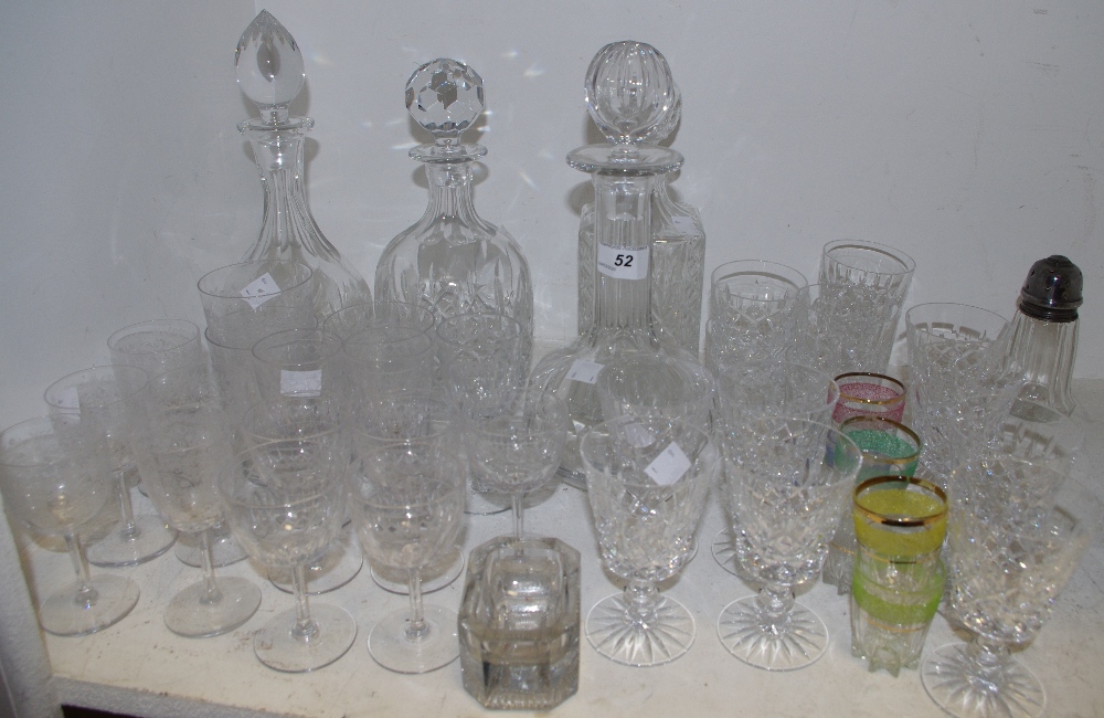 Glassware - four various decanters; early 20th century acid etched glasses; 1950's shot glasses etc.