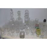 Glassware - four various decanters; early 20th century acid etched glasses; 1950's shot glasses etc.