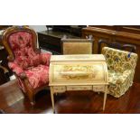 A Victorian style mahogany spoon back doll's chair; a doll's side chair; a foot stool;