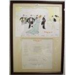 A Maxim's Paris menu with illustrated folder framed as one, dated July 1990.