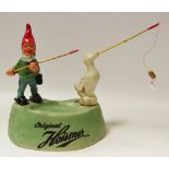 Advertising - a West German Heissner Gnomes advertising stand with standing fishing Gnome and duck,