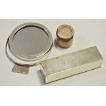 A silver box engraved 'Chewingum'; a Simpson silver swivelling hand mirror;