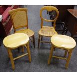 Two canework bedroom chairs, two modern beech stools,