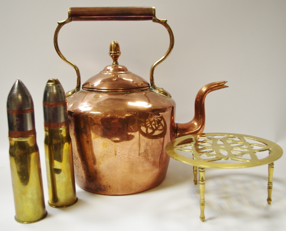 Metalware- a copper kettle; brass trivet,