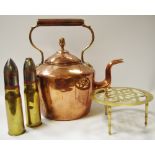 Metalware- a copper kettle; brass trivet,