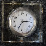 A silver mounted glass desk clock,