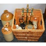 A lacquered brass and hardstone companion set; a large stoneware flagon; other stoneware jars;