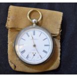 A Continental open face Waltham pocket watch, white enamel dial, Roman numerals, minute track,