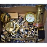 Boxes and Objects - costume jewellery, powder compact, handbag mirrors; a brass money box,