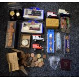Boxes and Objects - WWII medals; a silver Victorian half crown 1874; coins, stamps,