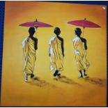 Oriental School Three Buddhists unsigned, oil on canvas,