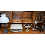 An Edward VII cast iron oil lamp, peach glass reservoir, white shade; EPNS trophy; Grundig TK18,
