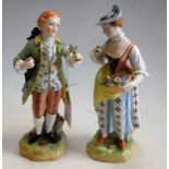A pair of Dresden figures, courting couple in 18th century dress, she with flower basket, 20cm,