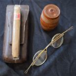 Boxes and Objects - a treen travelling inkwell; a leather pocket cigar case;