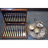 Silver Plate - a three piece tea set on tray;