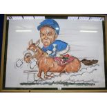 Ray Allen (contemporary) Lester Piggott, Caricature, sketch and wash, signed and dated 94,