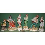 A Naples figure girl with chicks, others, a pair of musicians, etc a Staffordshire tea set,