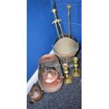 A copper coal scuttle; a set of brass fire irons; a brass coal scuttle; a 19th century lock,