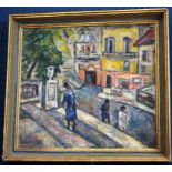 English School (Contemporary) Street Scene with Figures signed, oil on board, 49.5cm x 54.