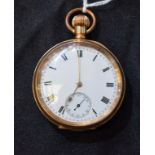 A gold plated Waltham Moon open face pocket watch, white enamel dial, Roman numerals,