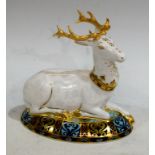 A Royal Crown Derby paperweight White Hart, gold stopper, boxed,