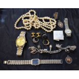 Costume Jewellery - including a silver charm bracelet and eleven charms, shield fobs, dress rings,