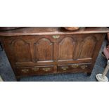 A George III oak mule chest, hinged rectangular top above a four panel front and two short drawers,