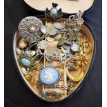 Jewellery - a silver charm bracelet and charms/coins; Wedgwood Jasperware brooch; marscasite items,