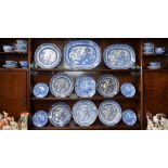 A Copeland Spode Italian pattern blue and white six setting tea set including cake plates, cups,