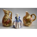A Royal Worcester blush ivory jug, date code for 1899; another; a Royal Doulton figure,