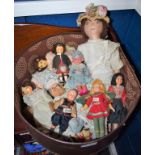 Dolls - a vintage hand sew rag doll, stitched features, brown wooly hair, straw bonnet,