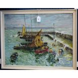 W Snow Fishermen Returning to Harbour signed, oil on board,