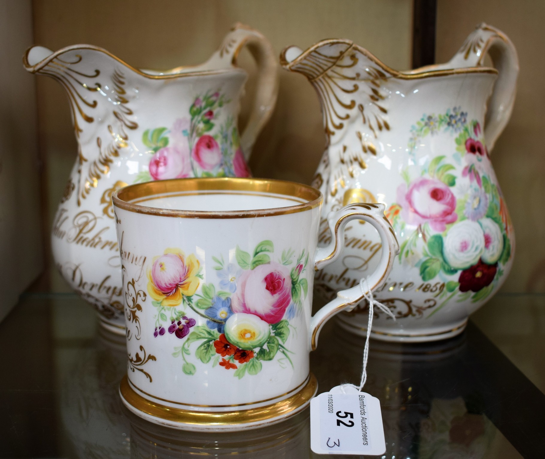 A pair of Victorian marriage jugs, inscribed in gilt Mr John Pickering and Mrs Sarah Pickering,