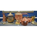 Brass and copperware to including a cast trivet; a copper kettle; a copper hanging lantern;