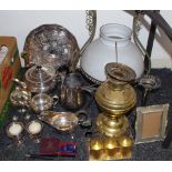 Metalware - a Victorian lantern with shade; three piece tea service;gallery tray;