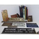 An interesting collection of brass plaques taken from lifts including Medways Safety Lift Company,