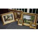 Gilt framed pictures, prints and mirror - Langley Priory, woodland scene, hand coloured etching,
