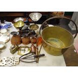 Kitchenalia - kitchen scales; weights; substantial jam pan; copper measure; trivets;