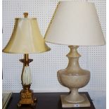A large wooden lamp base with shade; another, resin column lamp base,