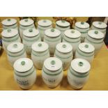 Eighteen Bourne Denby green banded kitchen storage jars & covers including Tapioca, Pearl Barley,