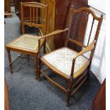 An Edwardian mahogany open arm chair, arched top rail, pierced and shaped splat, padded seat,