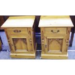 Two modern pine Gothic revival bedside cabinets,