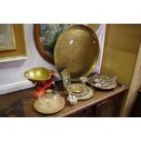 Metalware - a large eastern brass table top tray, Art Nouveau style mirror, Scales and weights,