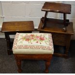 An oak stool; another with turned supports; an oak sewing box, hinged cover, carved front,